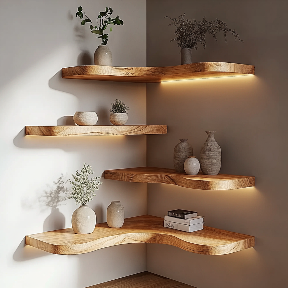 Corner Solid Wood Floating Shelves Organic Layered Wall Display Interior Decor WFSHCH015