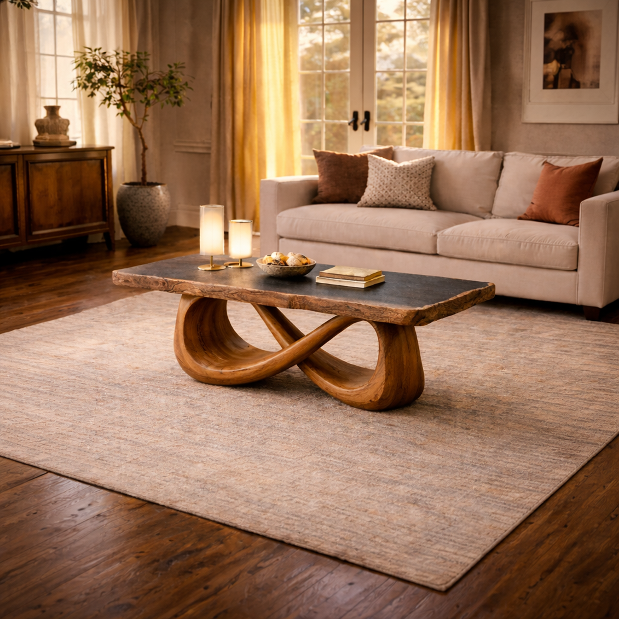 Sculptural Loop Solid Wood Coffee Table Warm Modern Living Room Interior CTHCH019