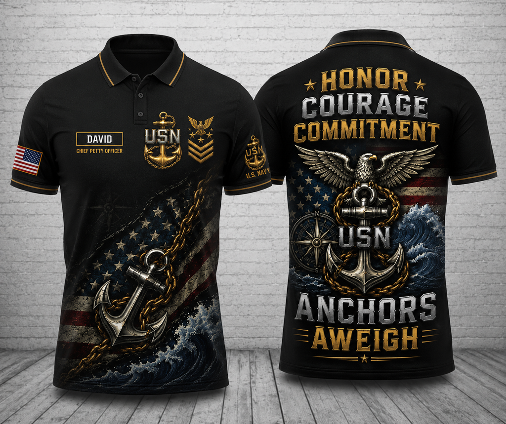 Custom Name Anchors Aweigh US Navy Chief Polo Shirt