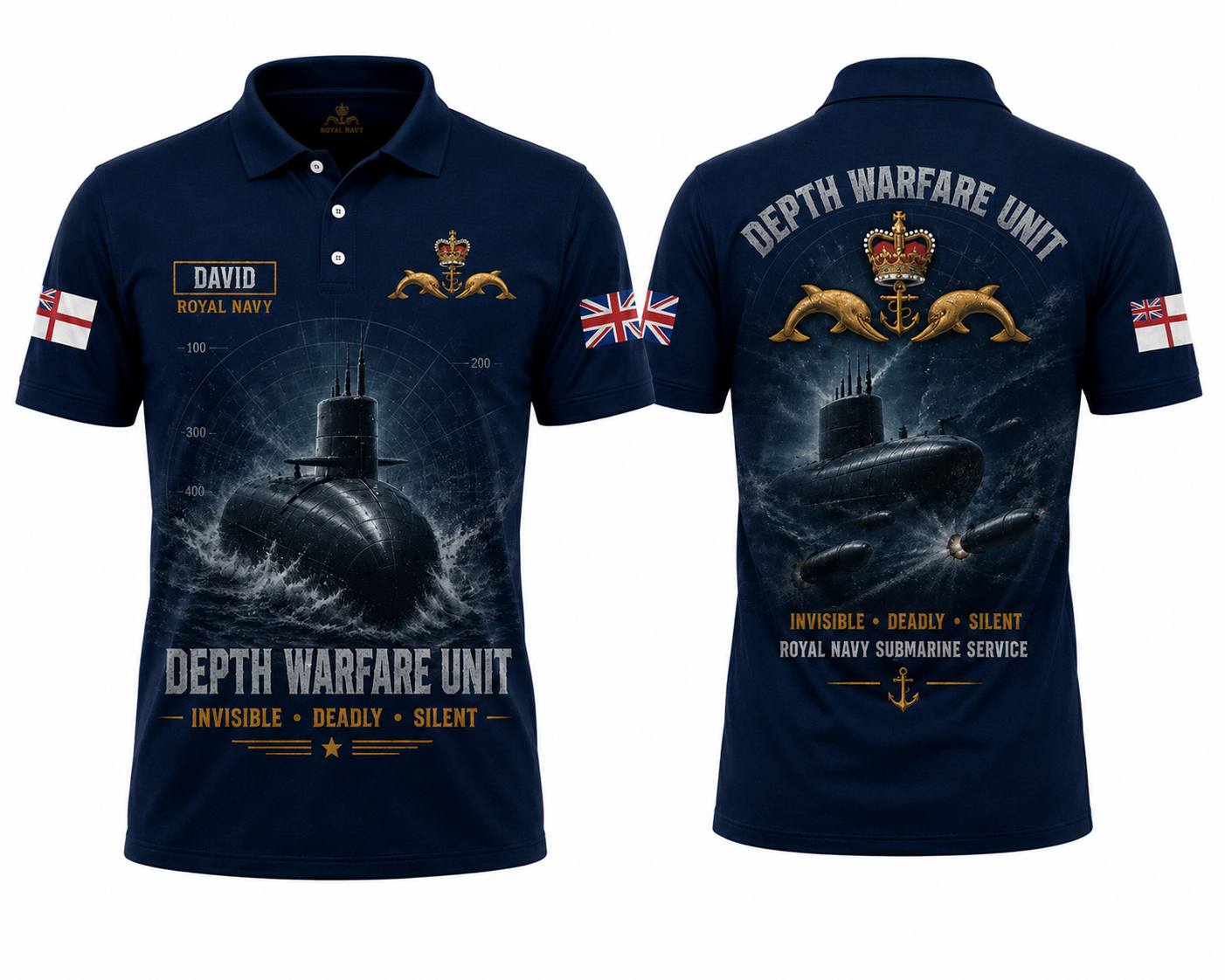 Custom Name Royal Navy Submarine Depth Warfare Unit Polo Shirt