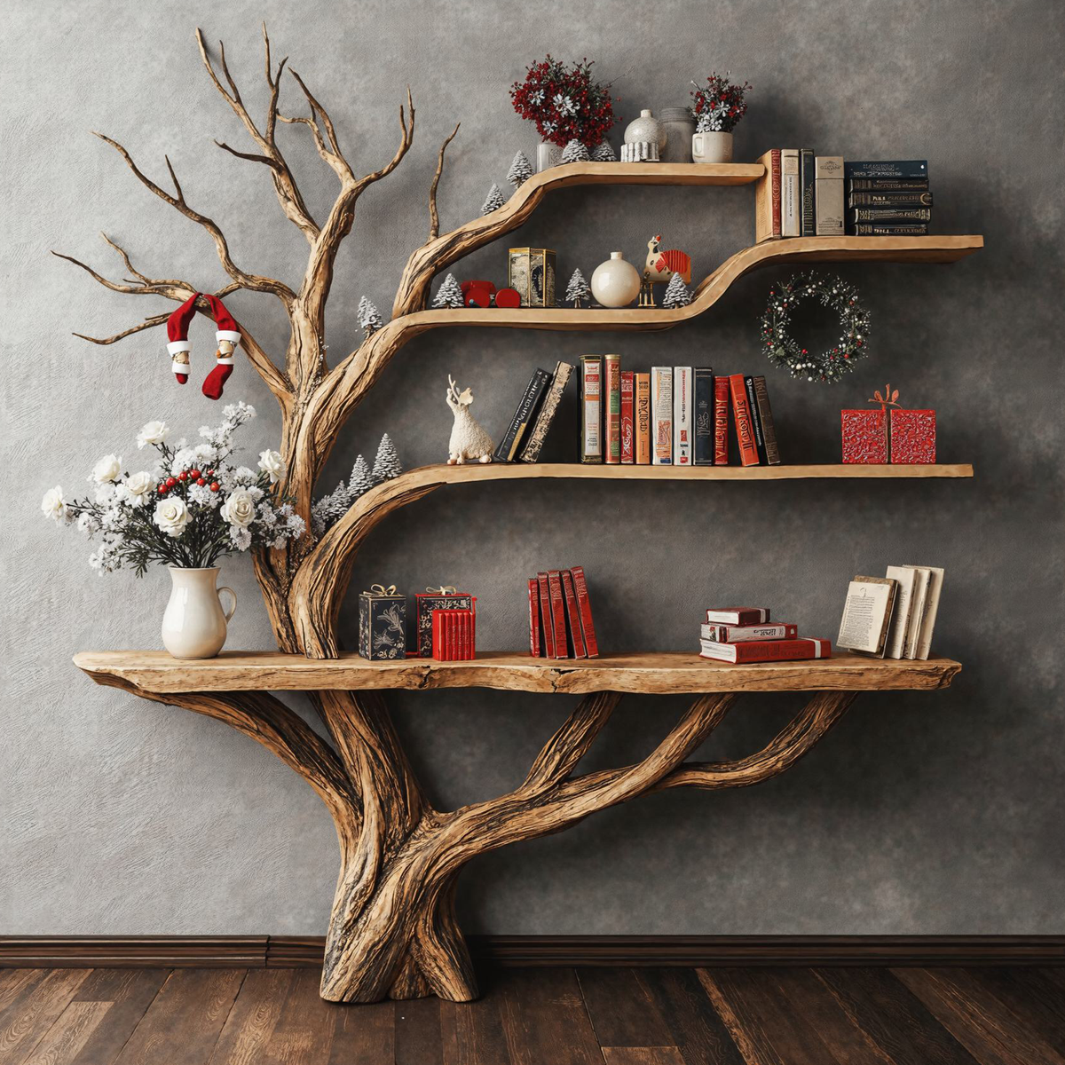Narrow Floating Live Edge Side Table With Tree Bookshelf CTHCH-012