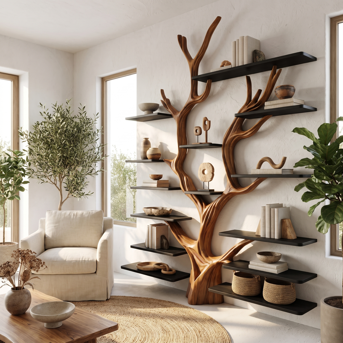 Sculptural Tree Bookcase - Artisan Tree-Inspired Wall Unit