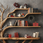 Narrow Floating Live Edge Side Table With Tree Bookshelf CTHCH-012