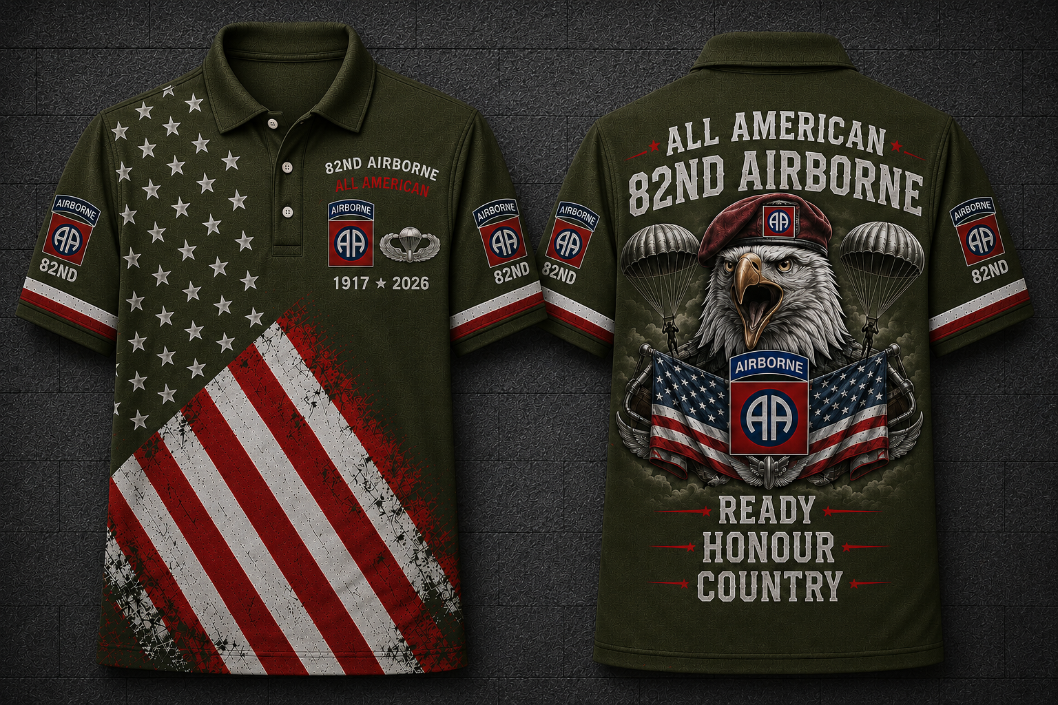 82nd Airborne Screaming Eagle Polo Shirt - All American Ready Honour Country