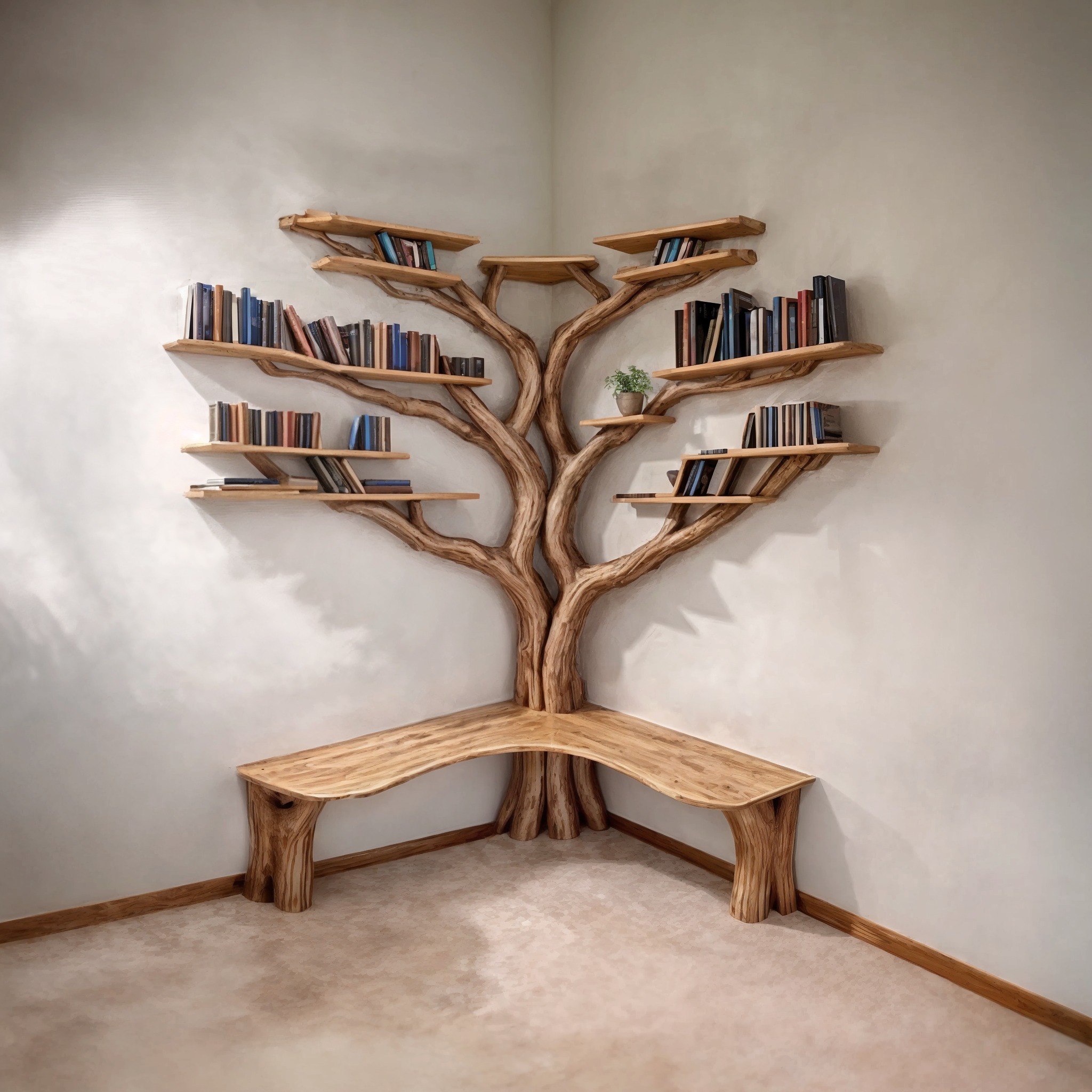Tree Floating Corner Bookshelf With Corner Bench lshaped