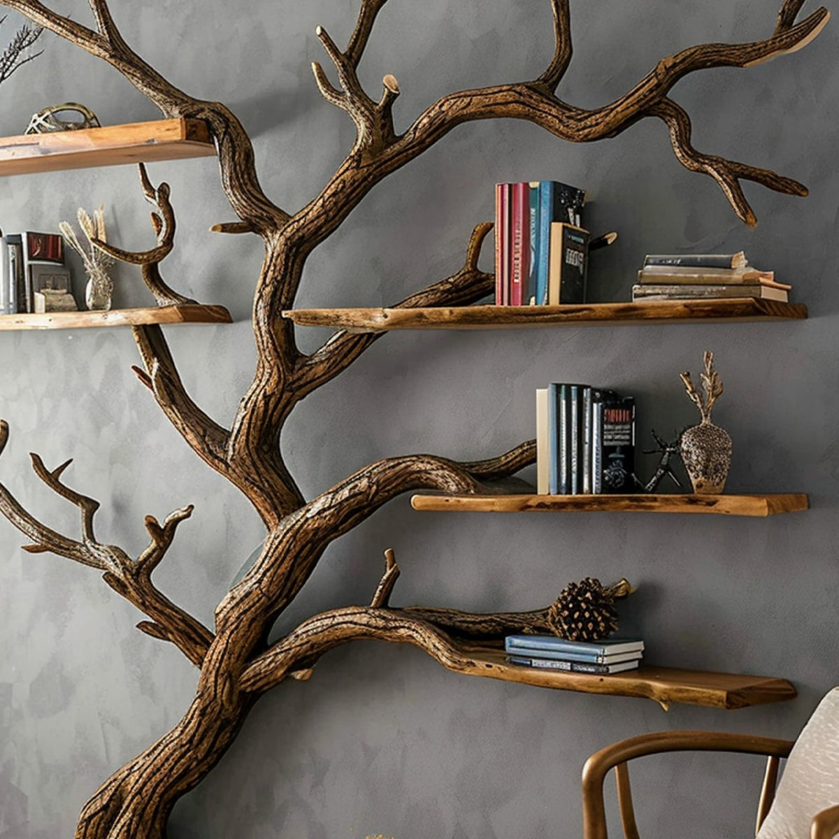 Tree Bookshelf Black Decor Wild Mulberry Solid Wood Carving Living Room Gift Her