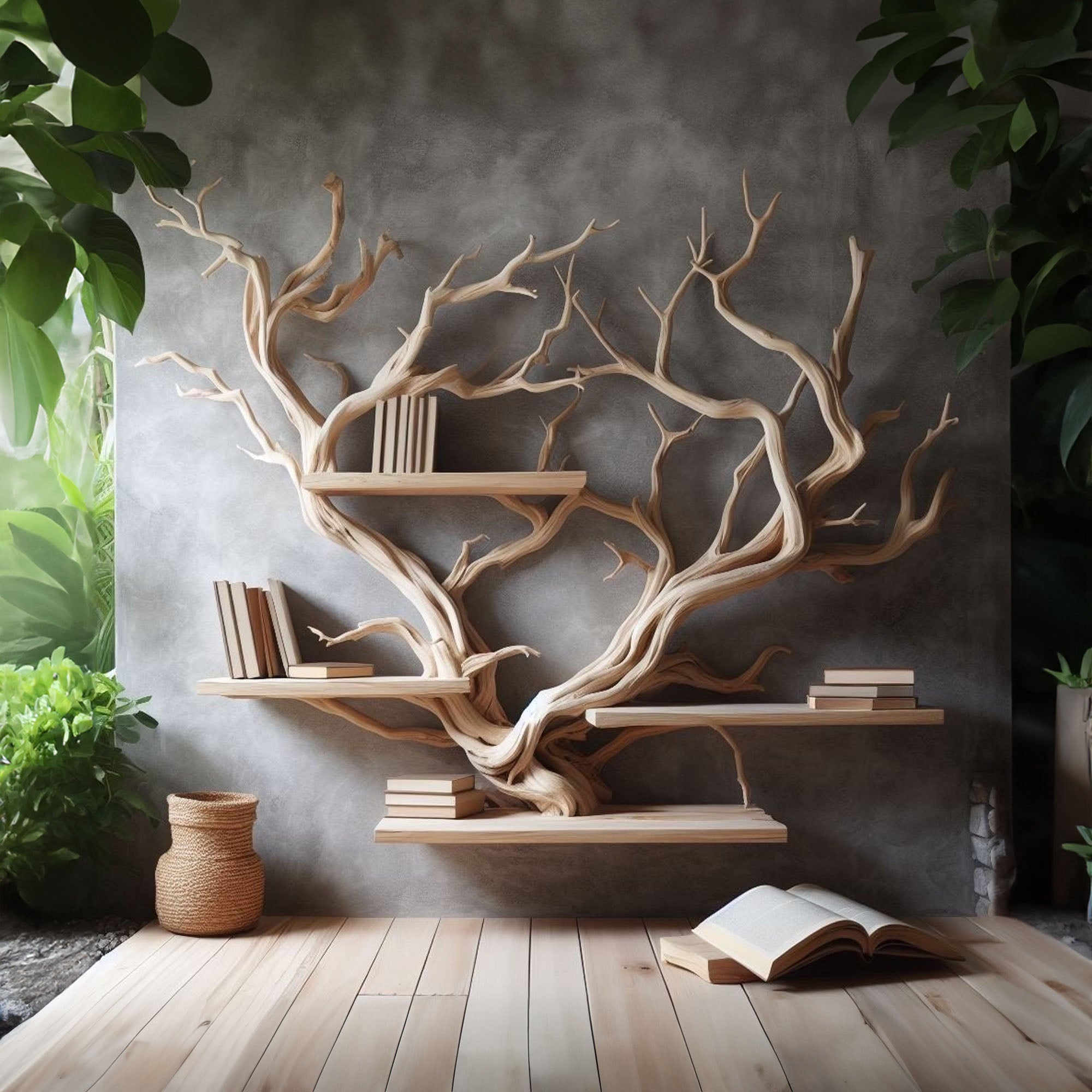 Rustic Tree Bookshelf Driftwood Wall Shelf Bookshelf Home Office Decor