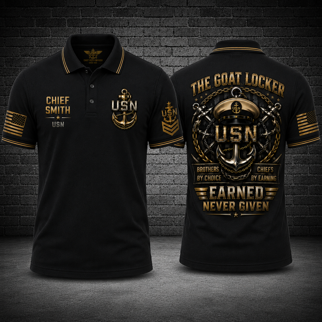 Custom Name The Goat Locker US Navy Chief Petty Officer Polo Shirt - Earned Never Given