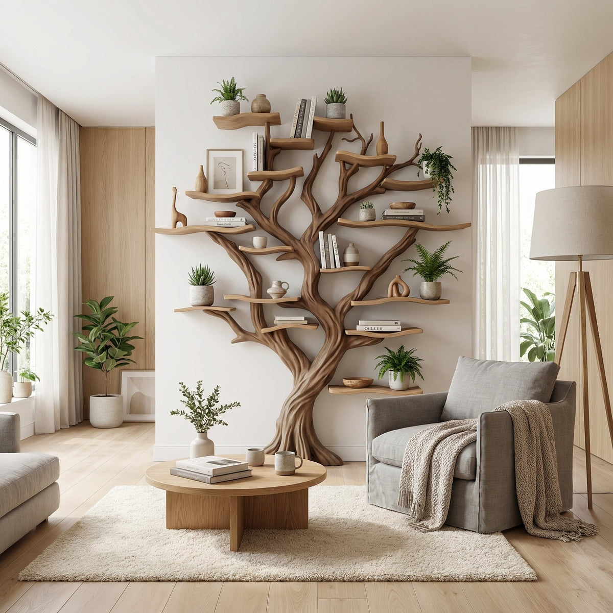Tree Branch Bookshelf Decor Solid Wood Carving