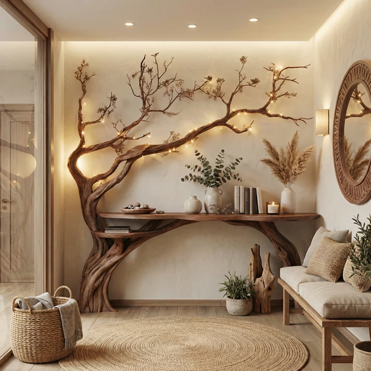 Solid Wood Tree Bookshelf and Rustic Side Table CTHCH-005