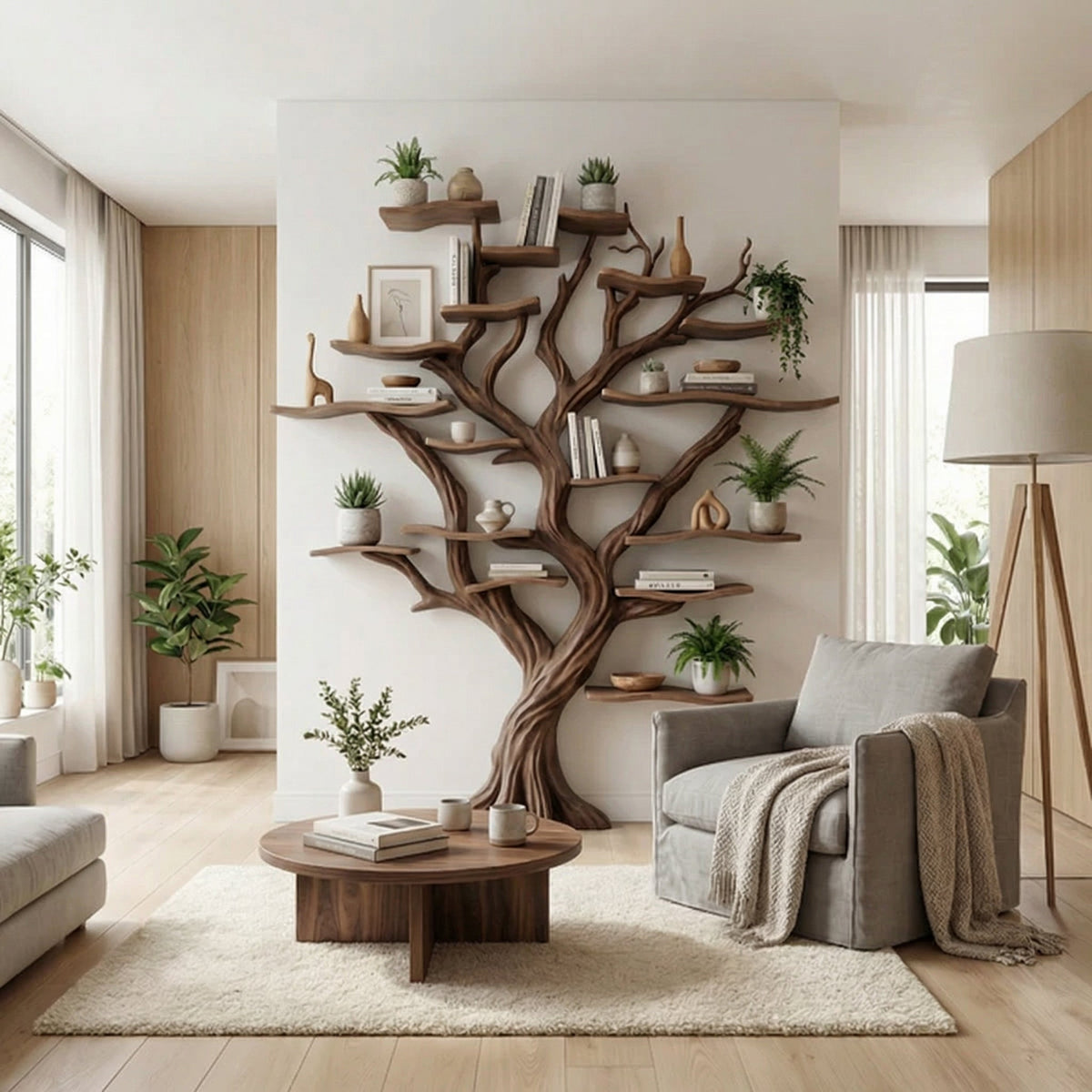 Tree Branch Bookshelf Decor Solid Wood Carving
