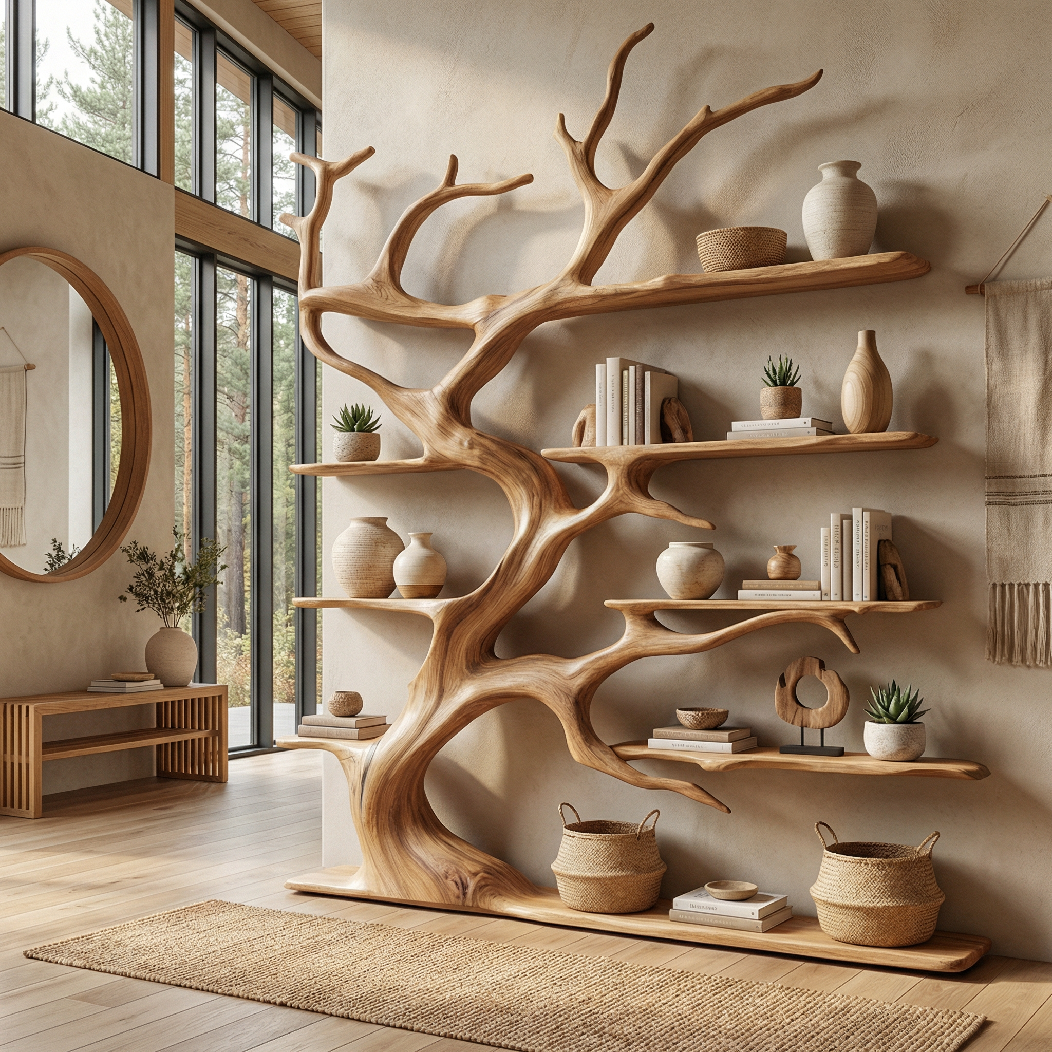 Rustic Tree Branch Bookshelf For Living Room Decor