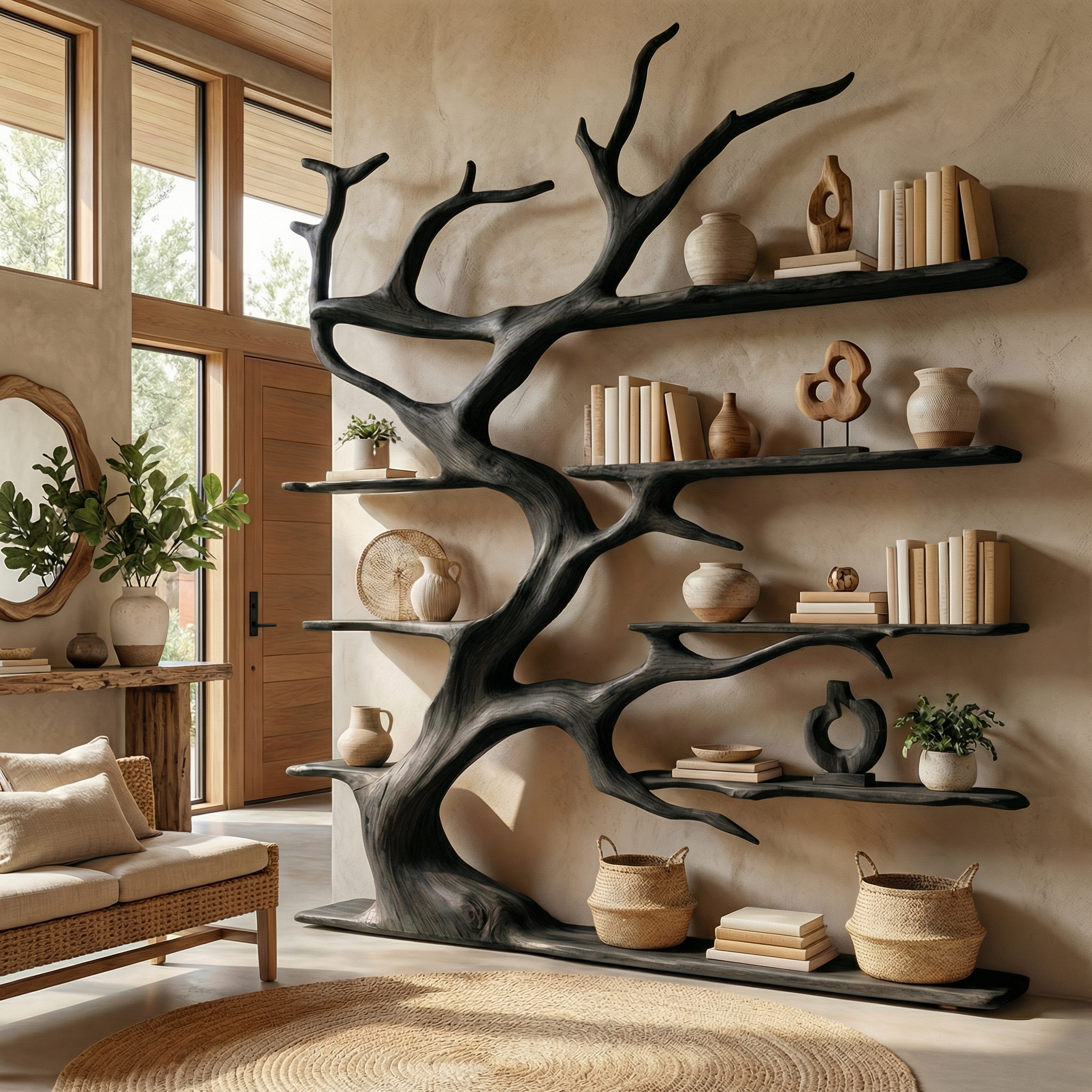 Rustic Tree Branch Bookshelf For Living Room Decor
