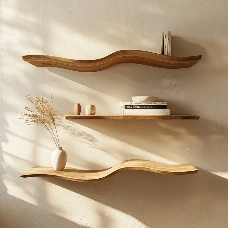 Wavy Wooden Floating Shelves Living Room For New Year Custom Shelves WFSHCH005