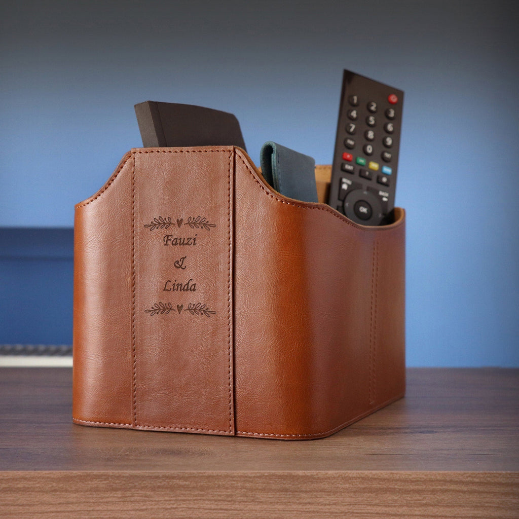Personalized Custom Leather Remote Caddy, Hand Crafted Desk Organizer, Remote Control Holder with Tablet Slot, Apple TV Remote Holder