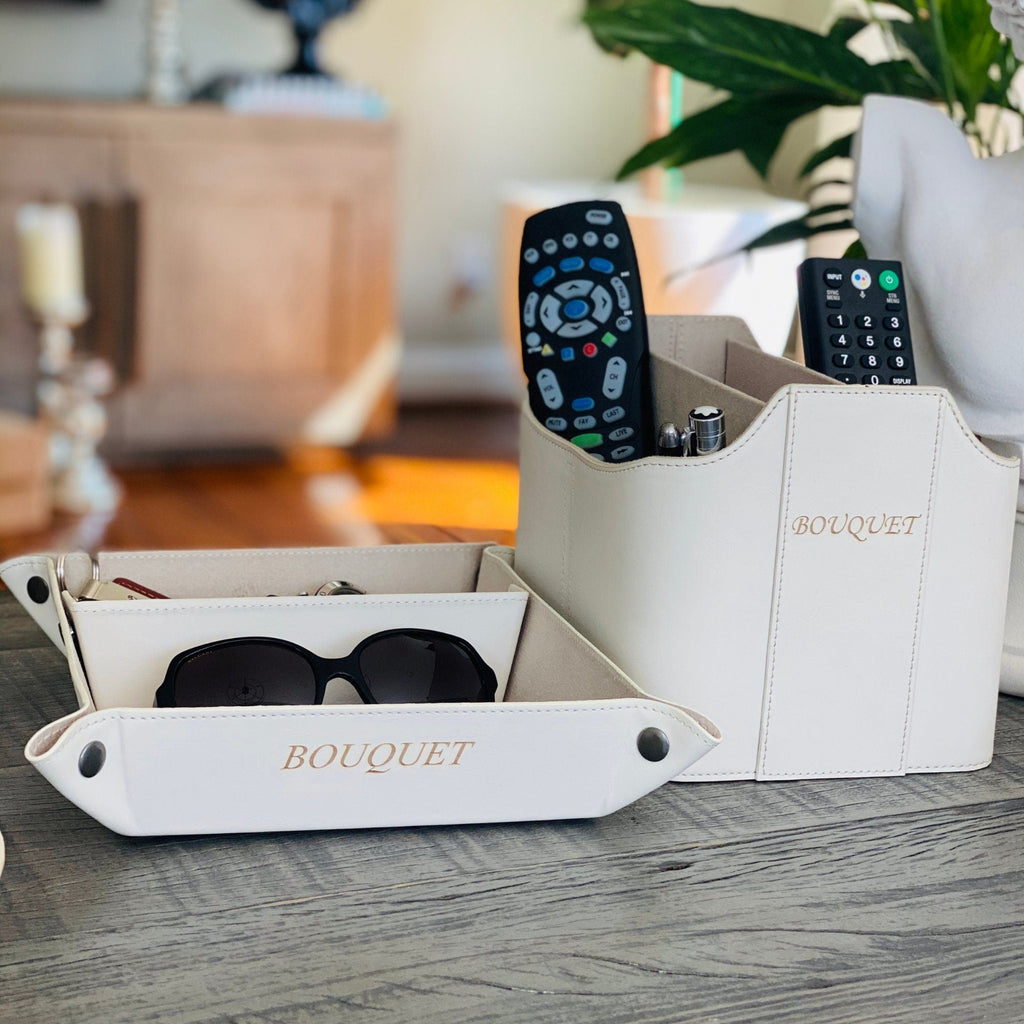 Personalized Custom Leather Remote Caddy, Hand Crafted Desk Organizer, Remote Control Holder with Tablet Slot, Apple TV Remote Holder