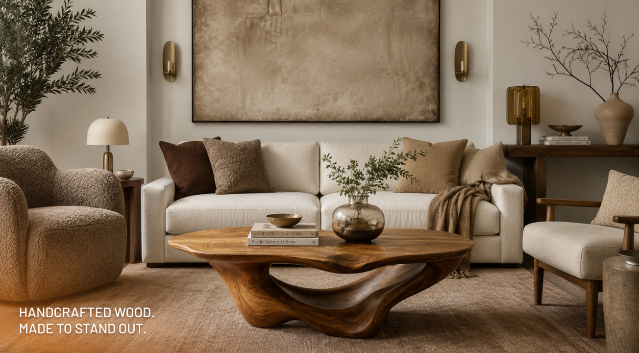 Handcrafted solid wood coffee table styled in a warm natural living room