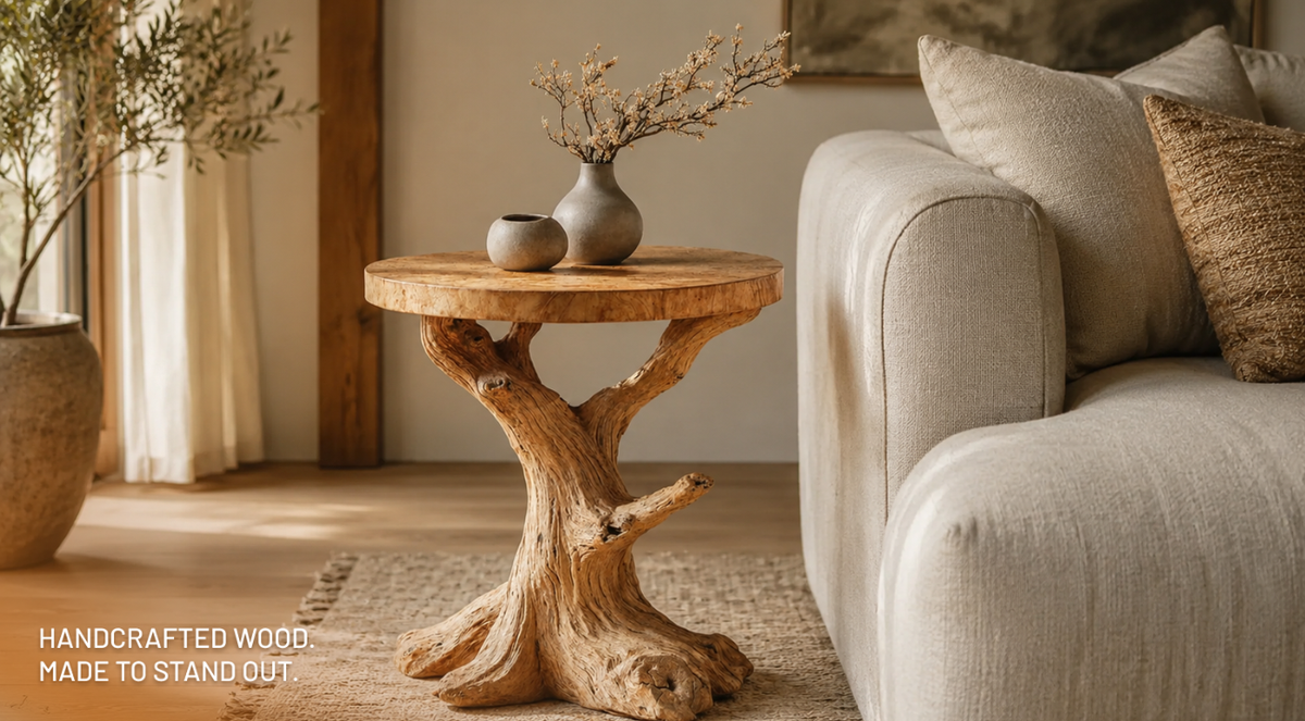 Handcrafted solid wood end table styled beside a sofa in a warm natural interior