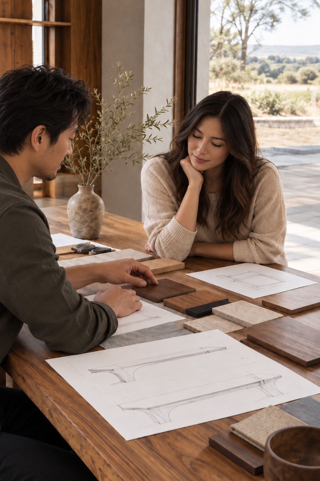 Asian customers reviewing custom furniture drawings and wood samples