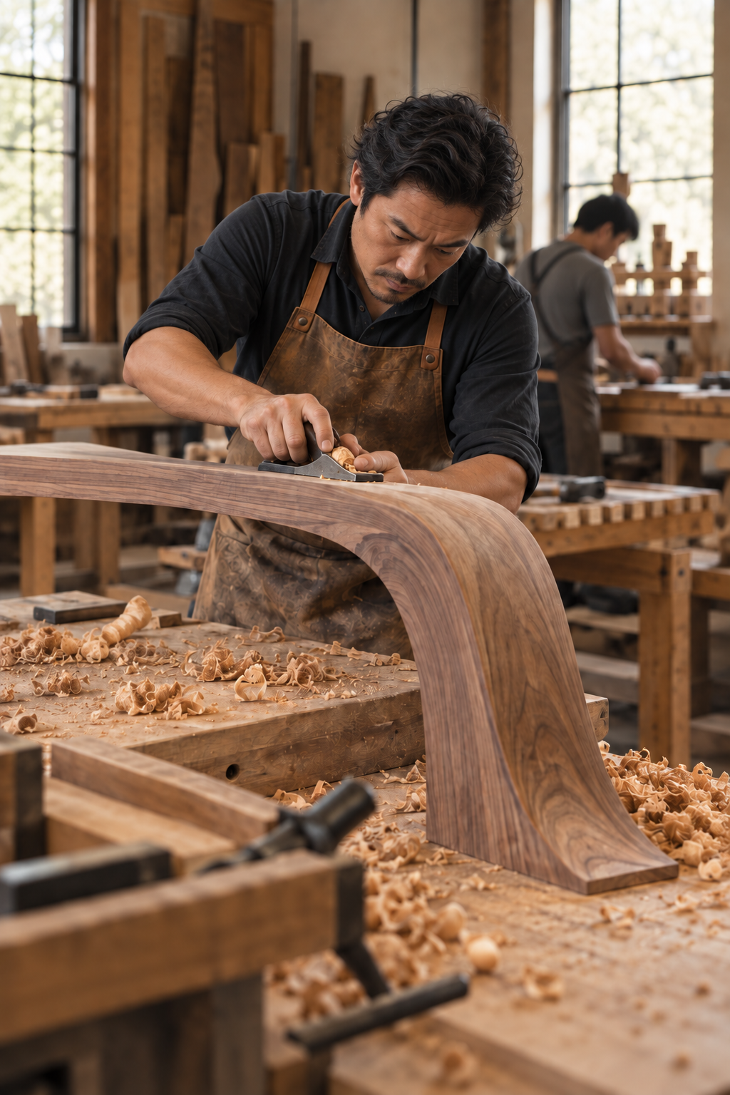Asian furniture artisan handcrafting a curved walnut piece