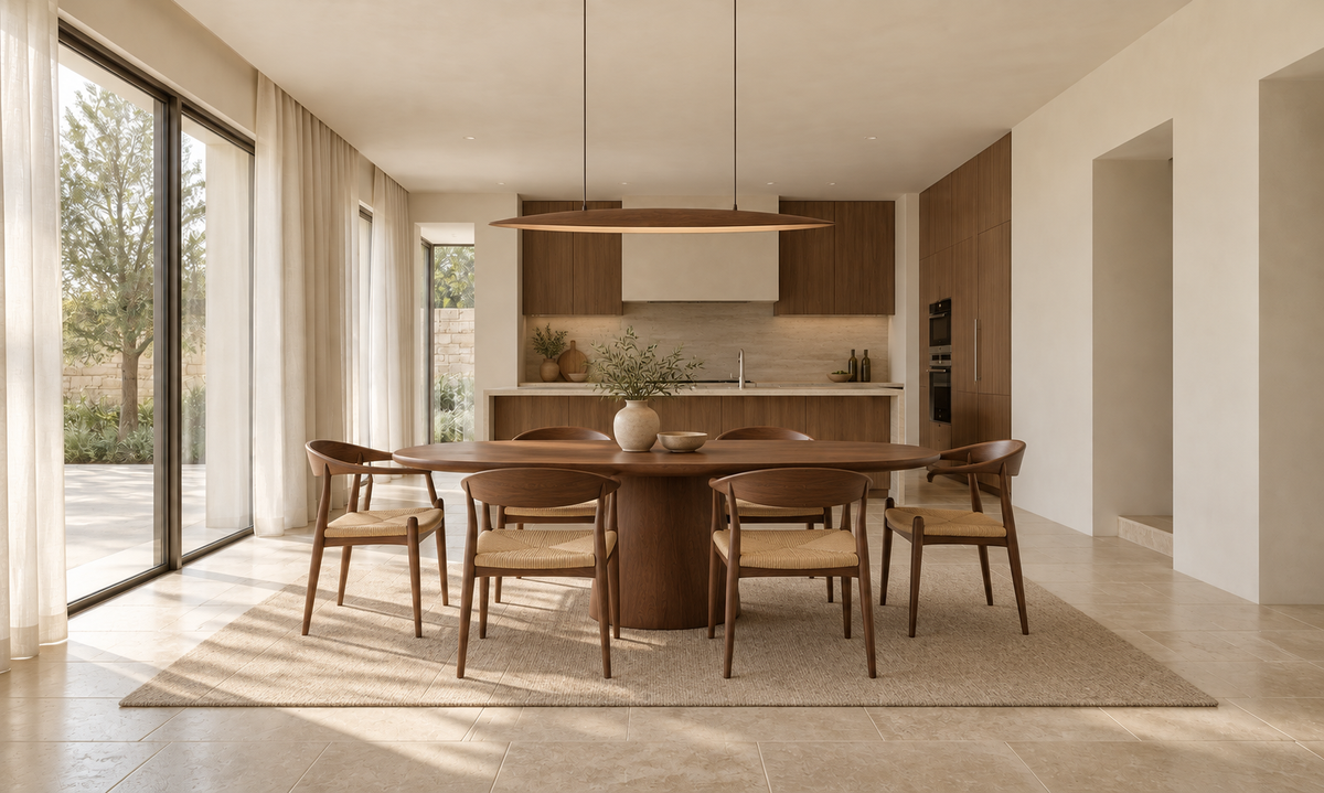Warm modern dining room after custom walnut furniture