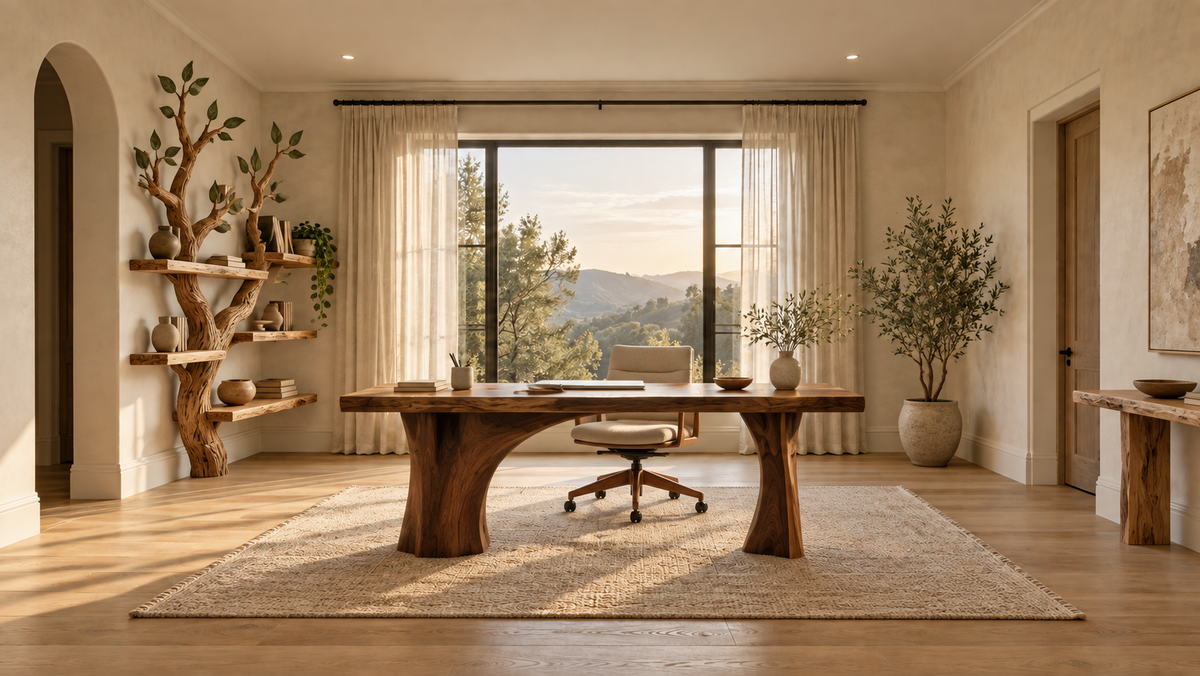 Warm custom home office with a sculptural tree bookshelf and walnut desk