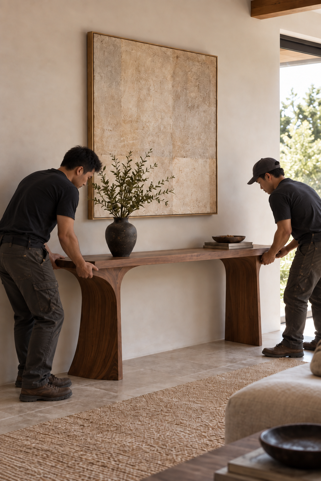 Asian installation team placing a handcrafted walnut console