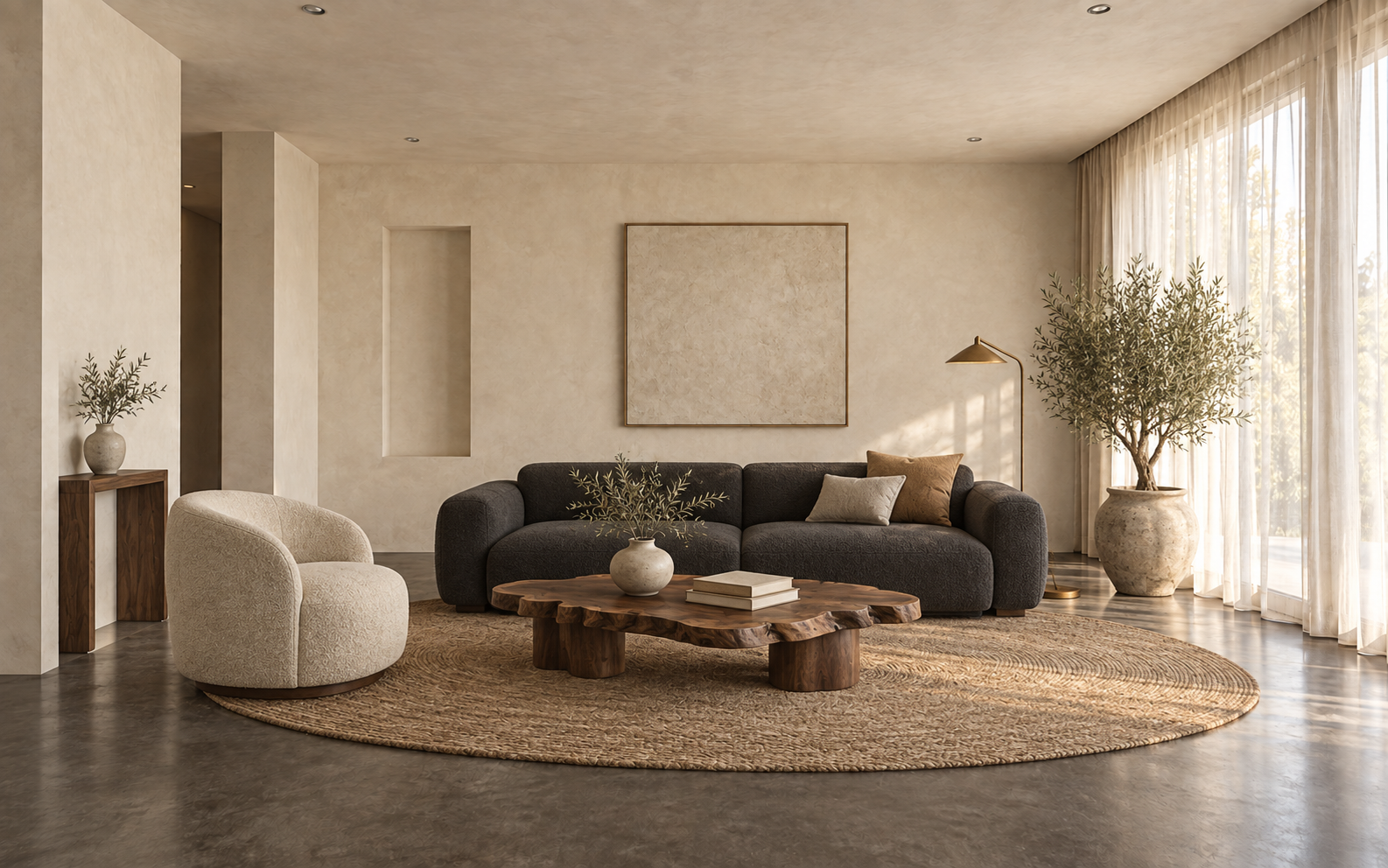 Warm modern rustic living room after interior customization