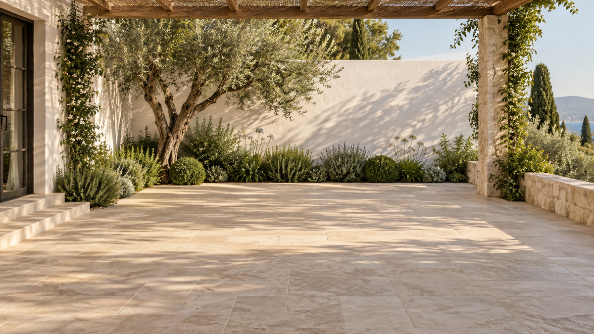 Empty Mediterranean terrace before custom furniture