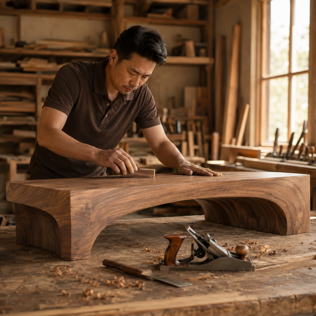 Asian wood artisan hand-finishing a sculptural walnut furniture piece in a warm workshop