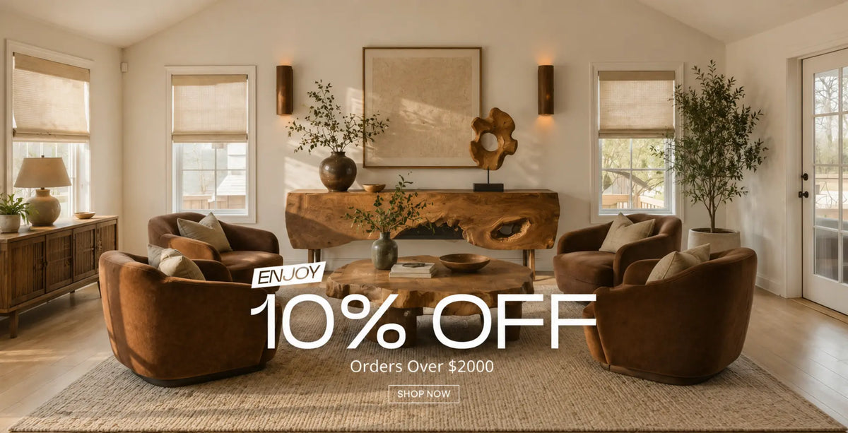 Warm organic modern living room with sculptural handcrafted wood furniture