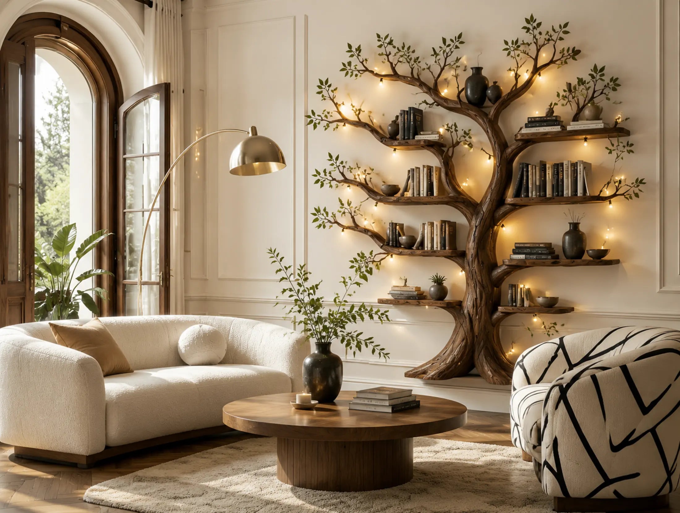 Tree-inspired handcrafted wooden bookshelf in a warm modern living room