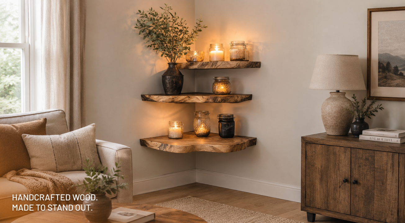Handcrafted solid wood floating shelf styled in a warm natural interior