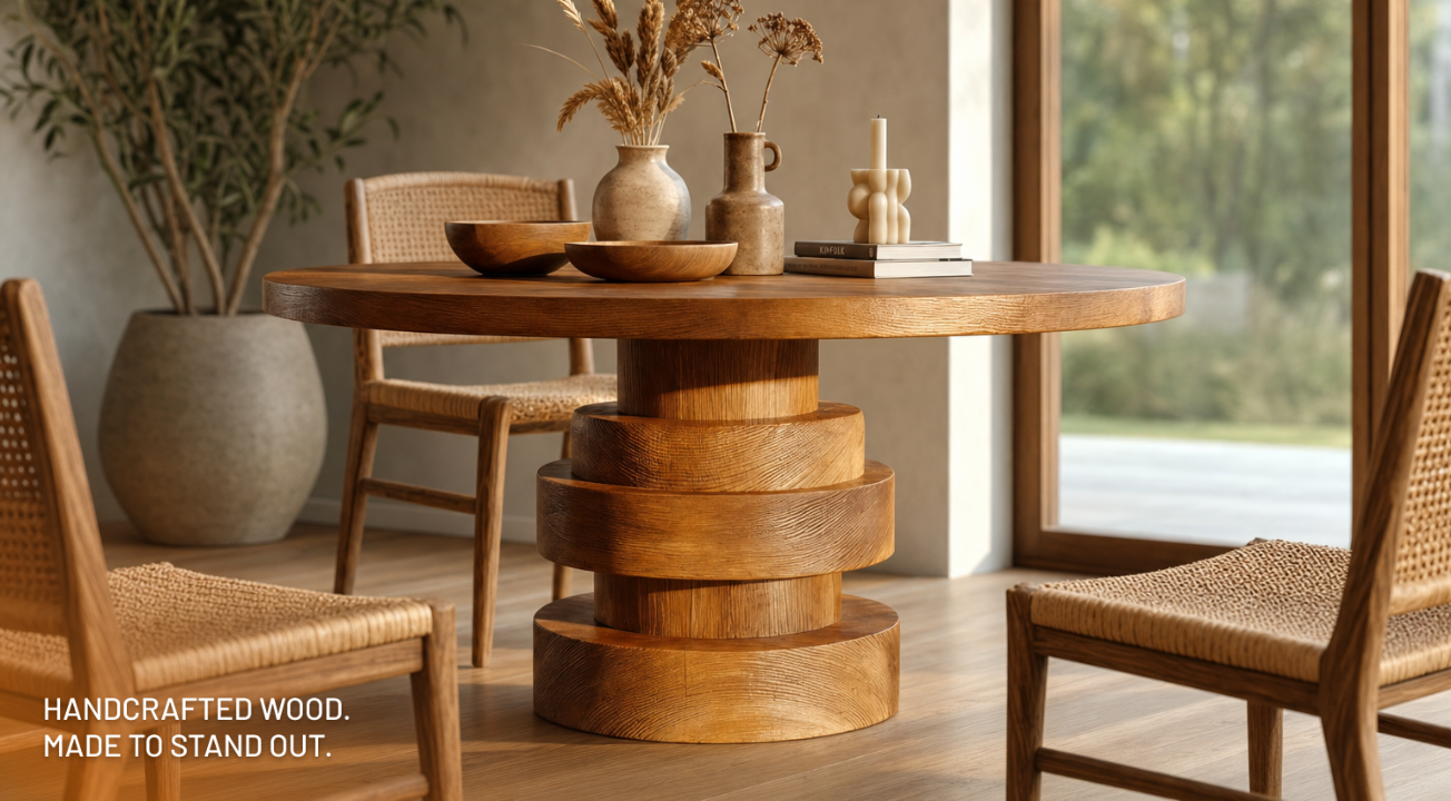 Sculptural handcrafted solid wood foyer table in a refined entryway