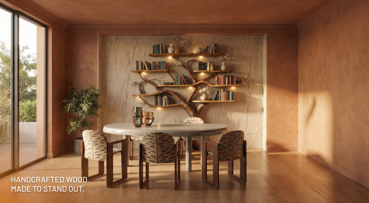 Handcrafted solid wood tree bookshelf styled in a warm natural interior