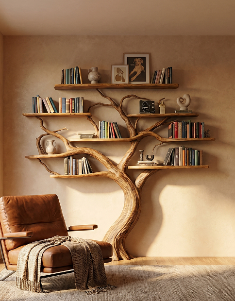 Artistic Wild Mulberry Solid Wood Tree Bookshelf For Living Room