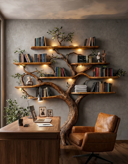 Artistic Wild Mulberry Solid Wood Tree Bookshelf For Living Room