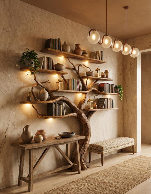 Artistic Wild Mulberry Solid Wood Tree Bookshelf For Living Room