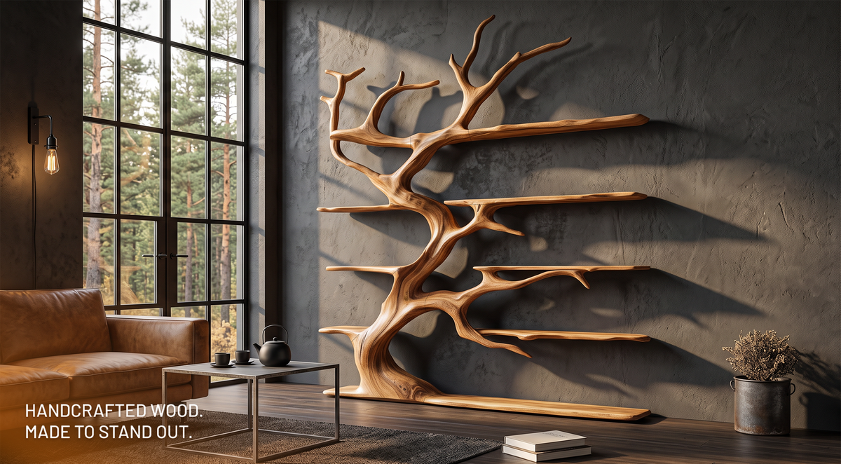 Handcrafted solid wood tree bookshelf styled in a warm natural interior