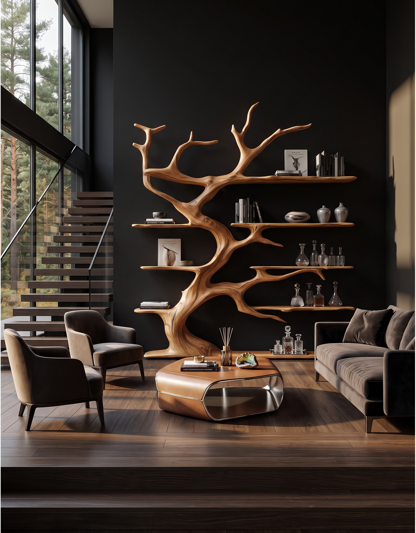 Rustic Tree Branch Bookshelf For Living Room Decor