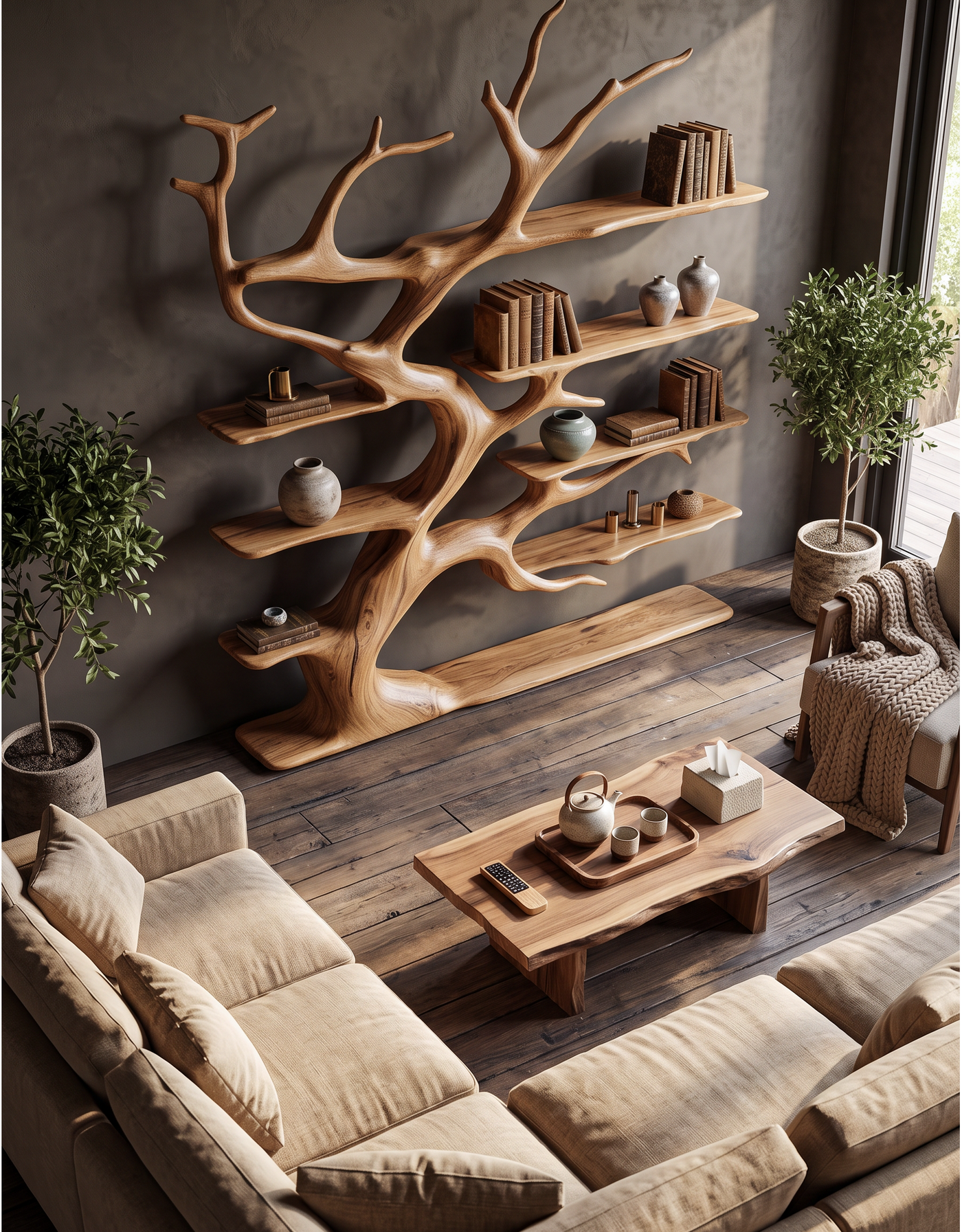 Rustic Tree Branch Bookshelf For Living Room Decor