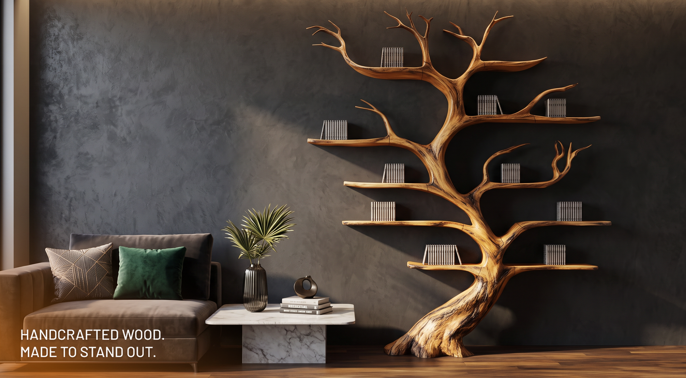 Handcrafted solid wood tree bookshelf styled in a warm natural interior