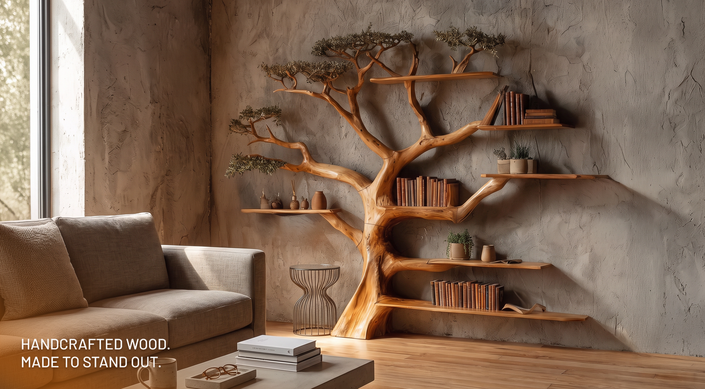 Handcrafted solid wood tree bookshelf styled in a warm natural interior