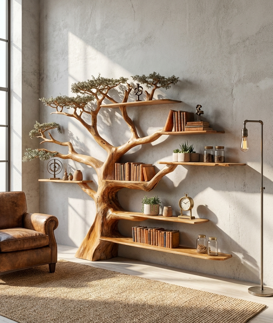 Rustic Tree Bookshelf Living And Library Wall