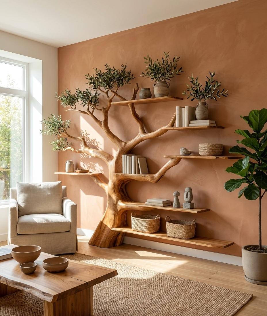 Rustic Tree Bookshelf Living And Library Wall