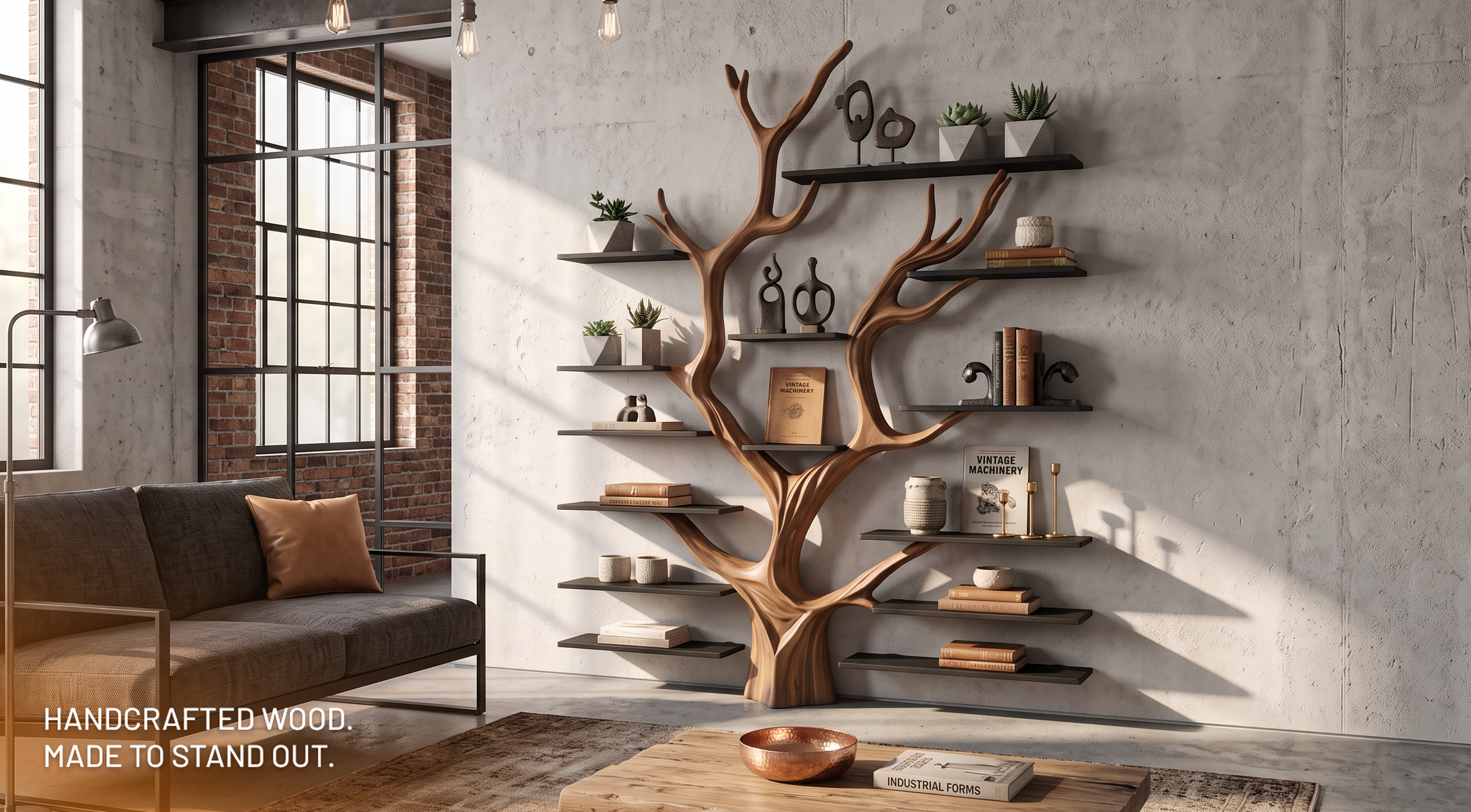 Handcrafted solid wood tree bookshelf styled in a warm natural interior