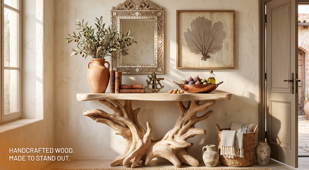 Live-edge natural wood console table styled in a warm contemporary interior