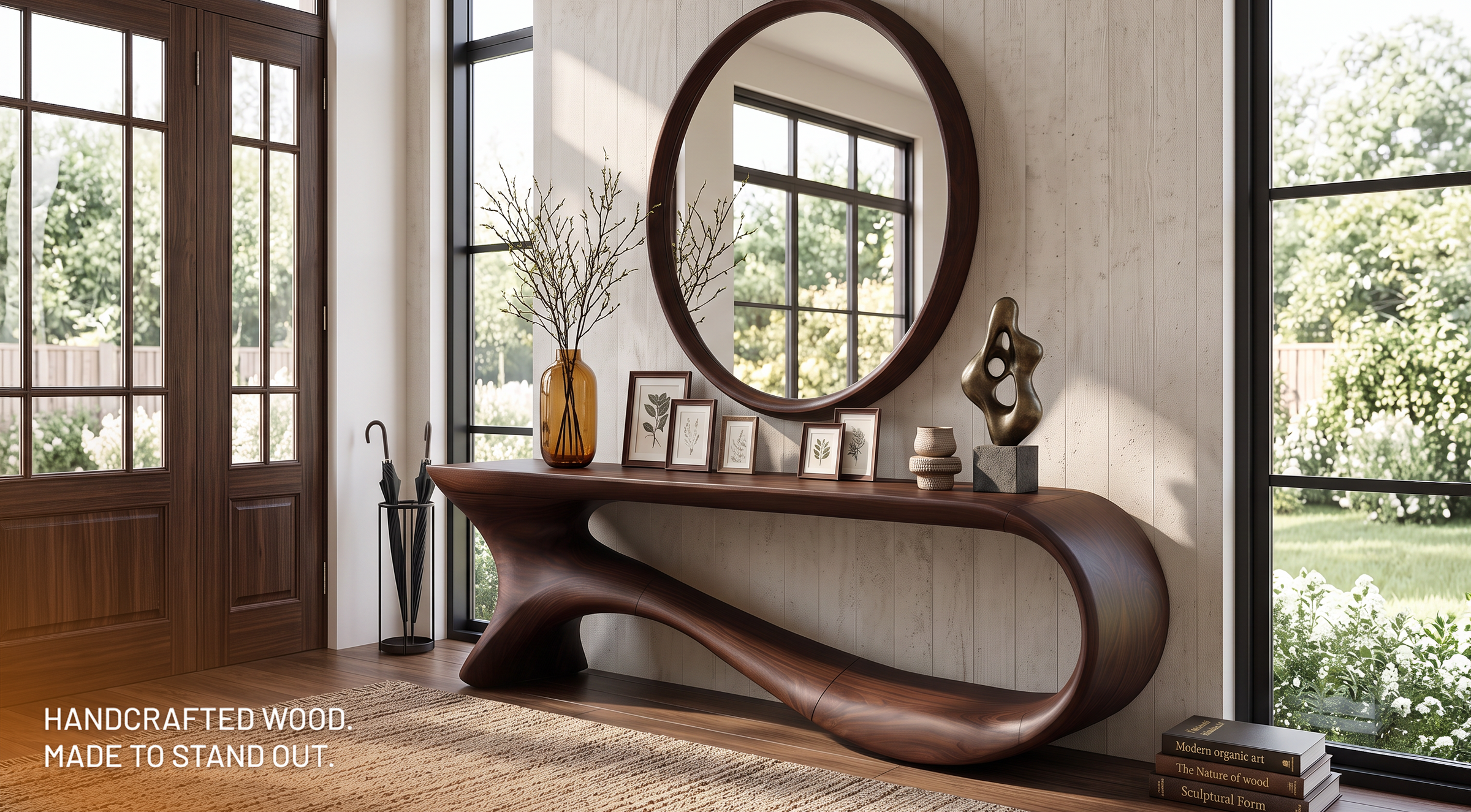 Live-edge natural wood console table styled in a warm contemporary interior