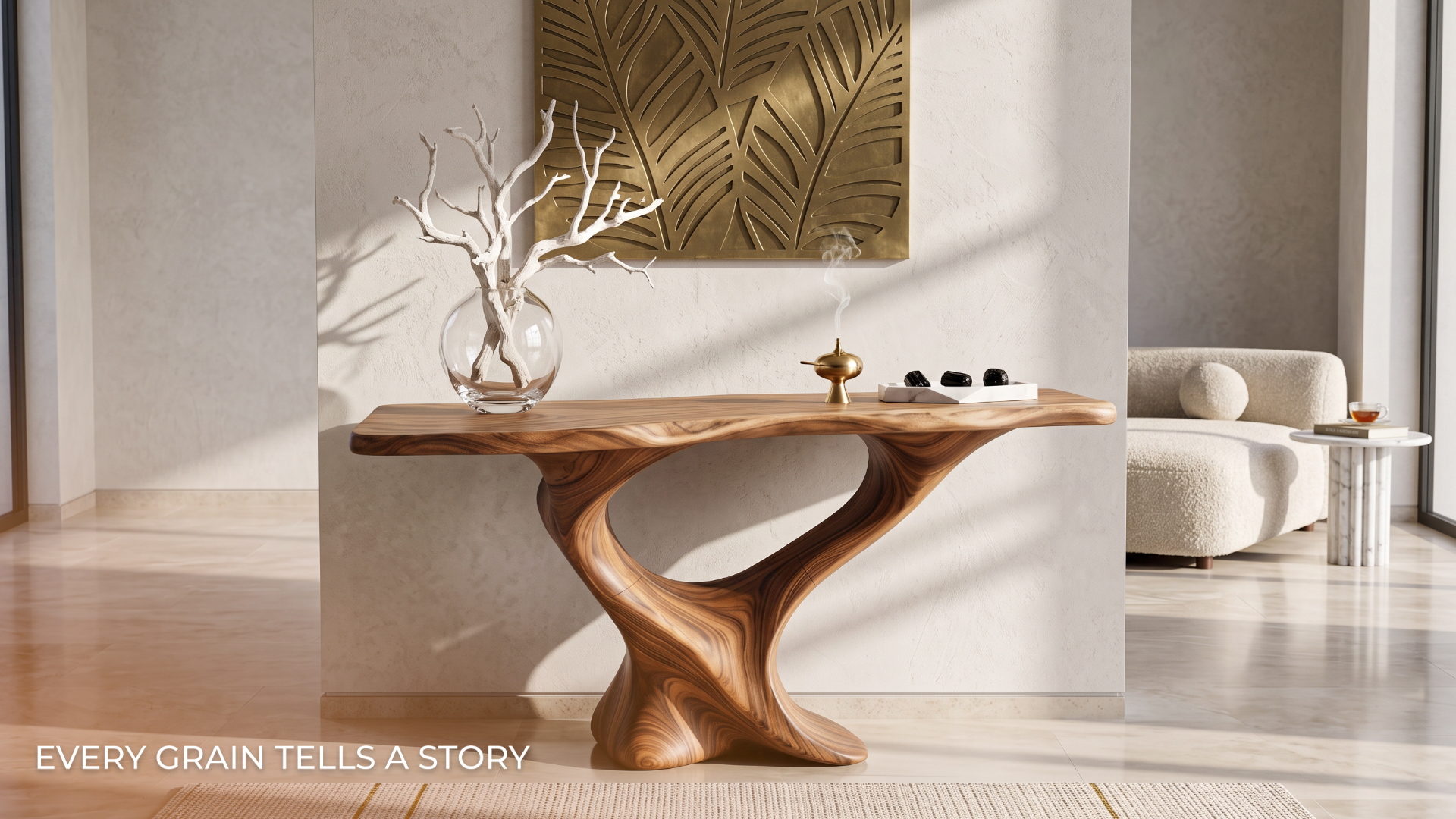 Live-edge natural wood console table styled in a warm contemporary interior