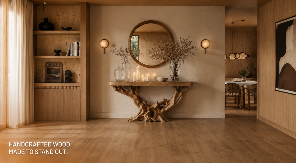 Live-edge natural wood console table styled in a warm contemporary interior